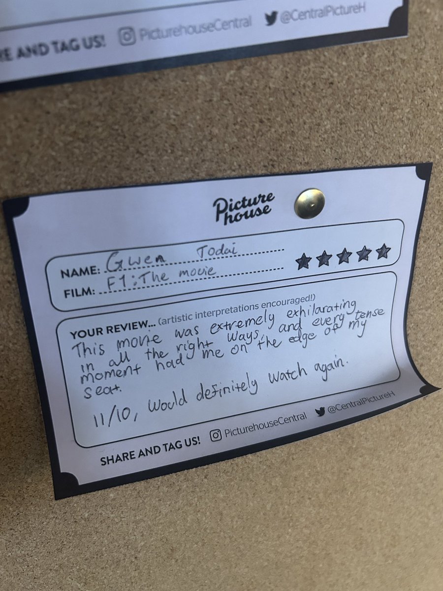 The reviews are in, it’s ⭐️⭐️⭐️⭐️⭐️ for <a href="/F1Movie/">F1 Movie</a> from Gwen! Have you seen it yet? 🏎️💨

This is your reminder to leave your reviews (whether serious or silly) on our new notice board by ticket check if you’re seeing a movie with us!