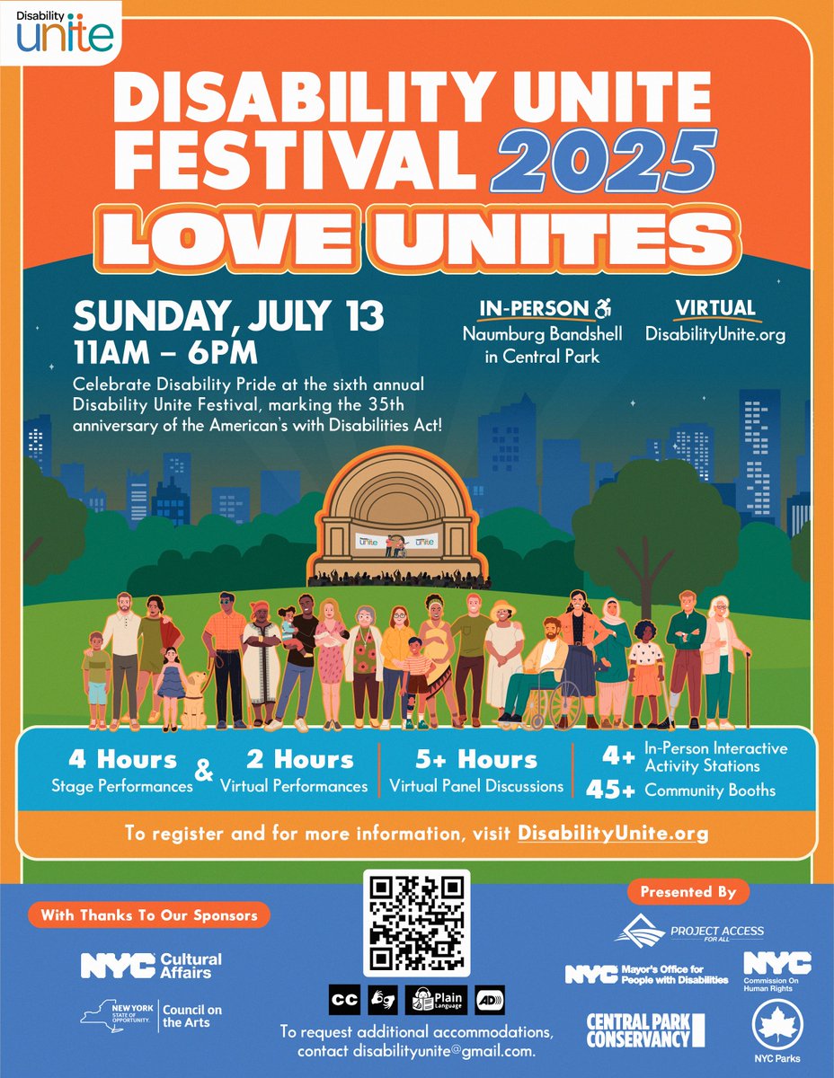 NYCCHR is happy to be a co-sponsor for the 6th Annual #DisabilityUnite Festival on Sunday, July 13. Join us for live performances, inclusion training, and community resources—free and open to all.

Central Park 11–4 | Online 12–6

DisabilityUnite.org

#ADA35 #DisabilityPride