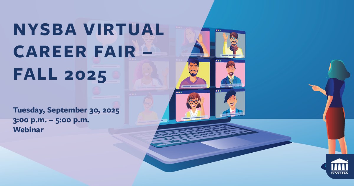 Looking to take the next step in your legal career? The NYSBA Virtual Career Fair on September 30 connects legal professionals at all stages—from paralegals to practicing attorneys—with employers across the field. 
Learn more and register now: tinyurl.com/4eufzbd7