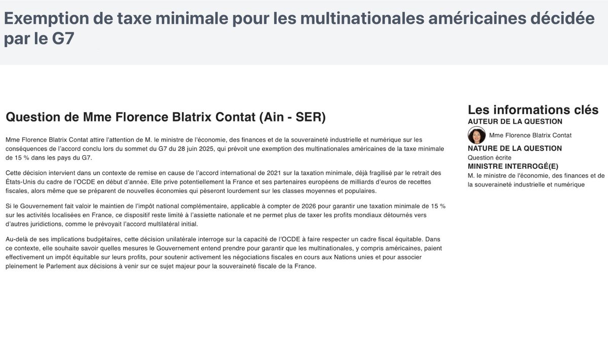 J’ai interrogé le ministre de l’Économie : au G7, la France a cédé au chantage de Trump en exemptant les multinationales américaines de la taxe minimale de 15 %.

Des milliards de recettes perdues, des efforts qui pèsent encore sur nos concitoyens. Une autre voie existe à l’ONU.