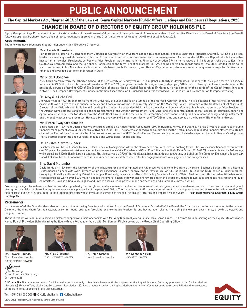 Sauti ya Kajiado (@busradiokajiado) on Twitter photo Equity Group Holdings Plc <a href="/KeEquityBank/">Equity Bank Kenya</a> wishes to inform its stakeholders of the retirement of directors and the appointment of new Independent Non-Executive Directors to its Board of Directors (the Board), following approval by shareholders and subject to regulatory approvals. Equity Group Holdings Plc <a href="/KeEquityBank/">Equity Bank Kenya</a> wishes to inform its stakeholders of the retirement of directors and the appointment of new Independent Non-Executive Directors to its Board of Directors (the Board), following approval by shareholders and subject to regulatory approvals.