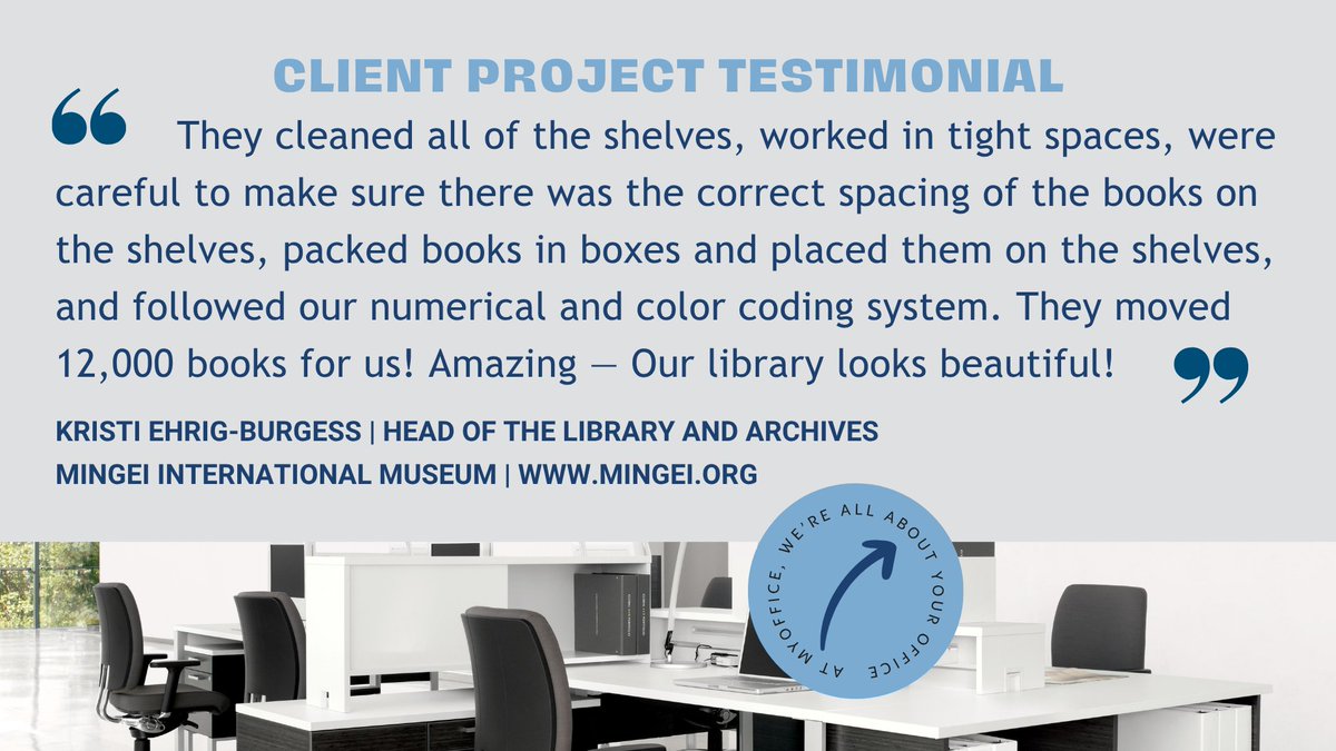 MyOffice greatly appreciates the kind words from Kristi  Ehrig-Burgess | Head of the Library and Archives, Mingei International   Museum. We are very proud to have supported their library re-catalogue   project! 4myoffice.com/portfolio_page…
 #OfficeMove, #MyOffice