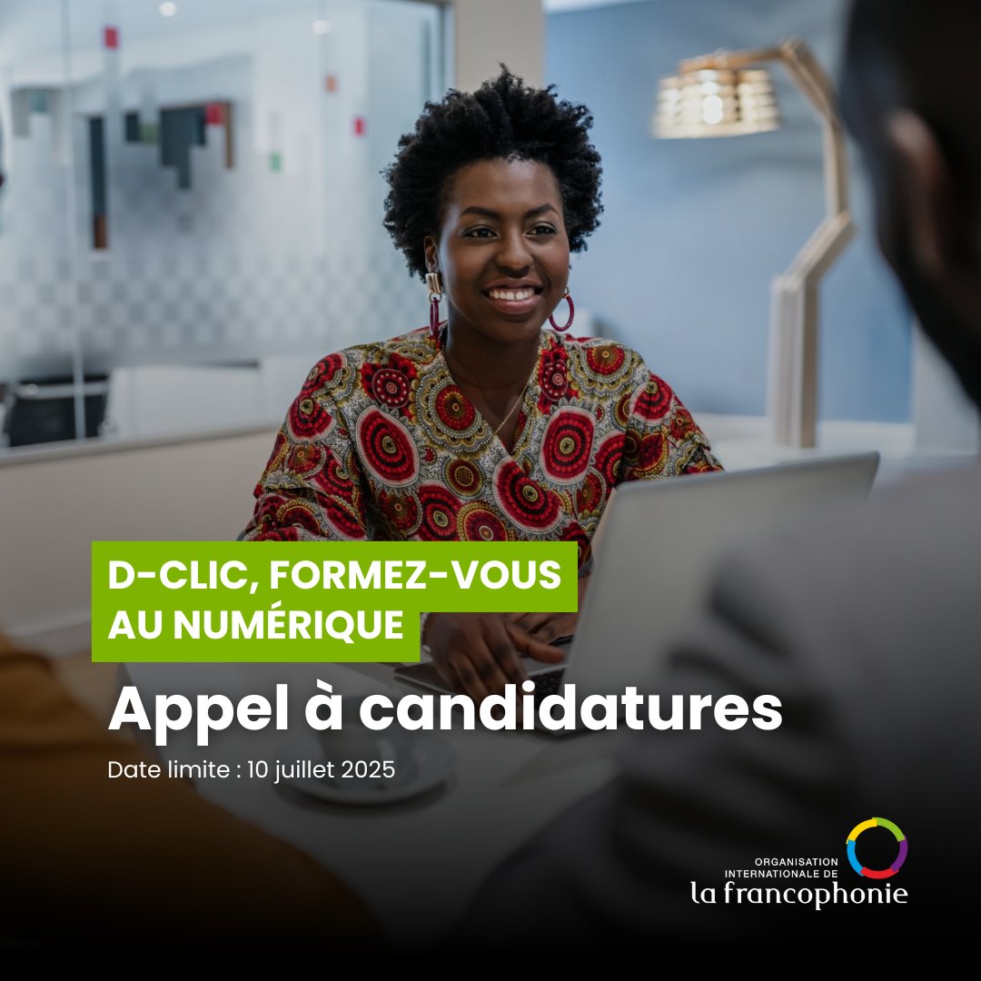 📢 Appel à candidatures

L’OIF,  à travers son projet #DCLIC, propose aux jeunes francophones trois formations 100 % en ligne pour se former aux métiers du #numérique.

👉 Postulez dès maintenant : ow.ly/XSpR50Wj3me

#Francophonie
#Jeunesse
#DCLIC #OIF