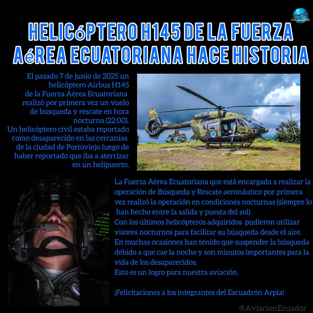 La Fuerza Aérea Ecuatoriana hace historia

Aquí les comparto un pequeño artículo de la historia que deja marcada la <a href="/FuerzaAereaEc/">Fuerza Aérea Ecuatoriana</a> a través de sus helicópteros en la misión tan importante que tienen como Búsqueda y Rescate.

#helicoptero  #guayaquil #fae  #aviacionecuador
