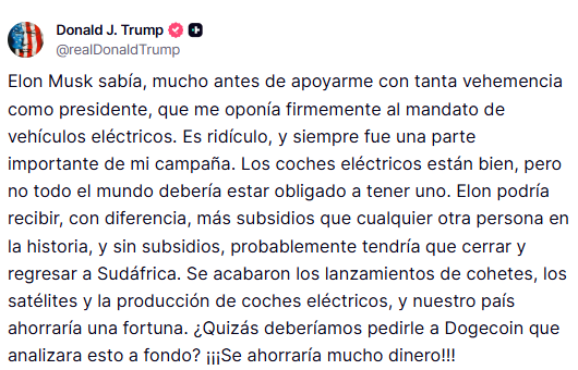 Mas allá de lo mediático y adolescente de la pelea, Trump amenaza con el uso discrecional de su poder para otorgar y quitar beneficios a las empresas mas allá de su utilidad y validez estratégica. Y además sugiere que va a deportar a Musk 
Es una postura que pone en riesgo el