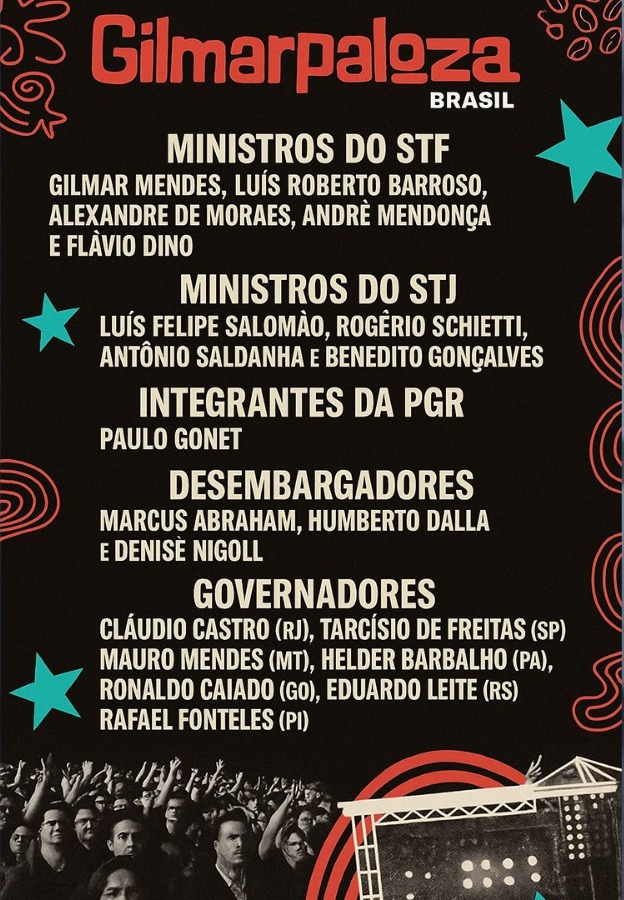 Wilson Lima (@wilsonlimaslz) on Twitter photo E começa amanhã o Gilmarpalooza 2025, em Portugal!
Confiram os destaques do line up do evento deste ano. A arte é de autoria dos colegas do audiovisual de <a href="/o_antagonista/">O Antagonista</a> E começa amanhã o Gilmarpalooza 2025, em Portugal!
Confiram os destaques do line up do evento deste ano. A arte é de autoria dos colegas do audiovisual de <a href="/o_antagonista/">O Antagonista</a>
