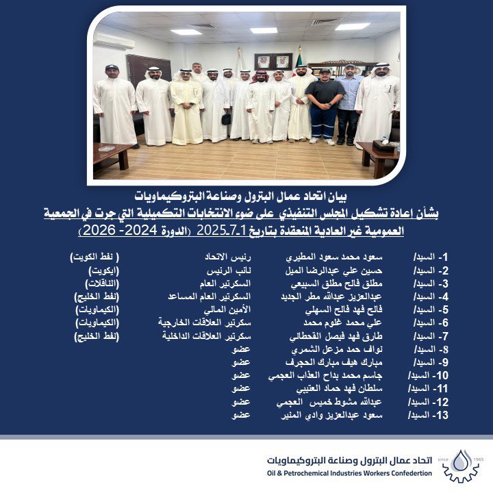 بيان اتحاد عمال البترول وصناعة البتروكيماويات بشأن إعادة تشكيل المجلس التنفيذي على ضوء الانتخابات التكميلية التي جرت في الجمعية العمومية غير العادية المنعقدة بتاريخ 1-7-2025 للدورة النقابية ( 2024 - 2026 )