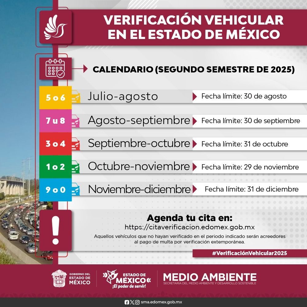 Verificar es obligatorio y debes agendar cita en citaverificacion.edomex.gob.mx. 🛑 ¡Evita contratiempos!
Revisa el calendario, cumple a tiempo y ayúdanos a reducir emisiones.
No lo dejes para el final. Agenda tu cita ya según el calendario. Y apoya la calidad del aire. 💚🍃