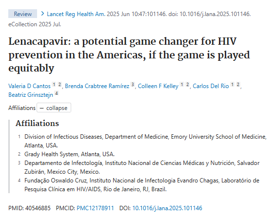 INCMNSZ_DirInv's tweet image. Hallazgos internacionales sobre lenacapavir: un factor de cambio potencial para la prevención del VIH en las Américas. Participación del @incmnszmx, Brenda Crabtree Ramíez y cols.