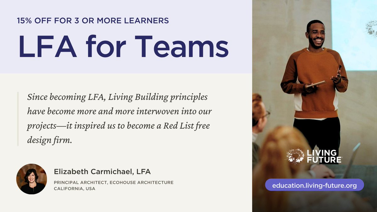 When teams learn together, they lead together. Living Future Accreditation builds shared expertise in #RegenerativeDesign, #MaterialHealth, and #Equity in the #BuiltEnvironment. Enroll 3+ learners and get 15% off your purchase.

Enroll today: bit.ly/3ZUwFfo.