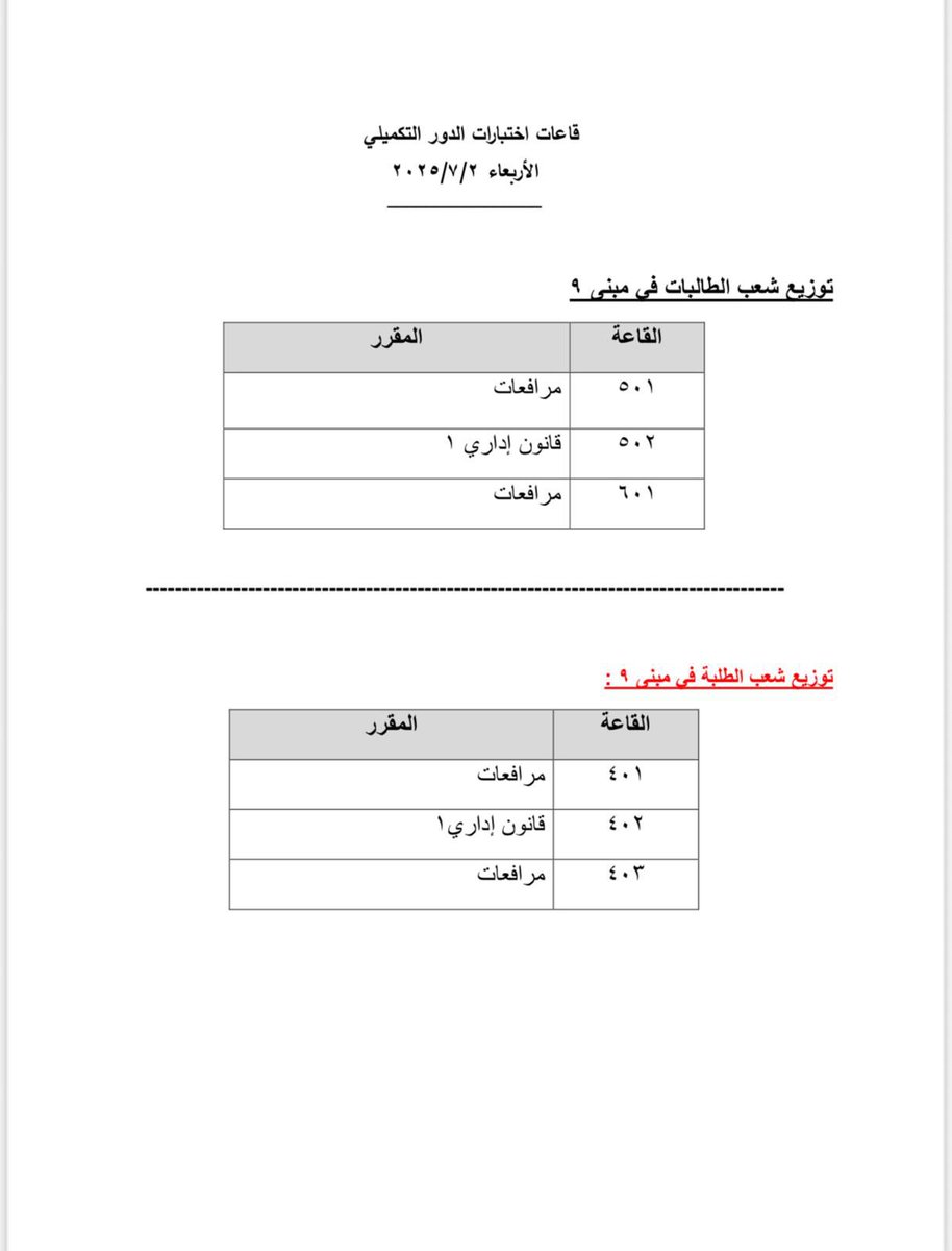 توزيع قاعات اختبار يوم الأربعاء