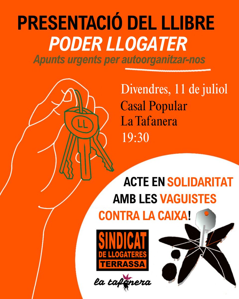 🚩 Com despleguem el poder llogater des de cada barri i poble? Com fem front a l’especulació immobiliària? Com fem de les vagues de lloguer una eina reproduïble arreu del territori? 

📌 Arriba a Terrassa la PRESENTACIÓ del llibre “Poder llogater”⤵️