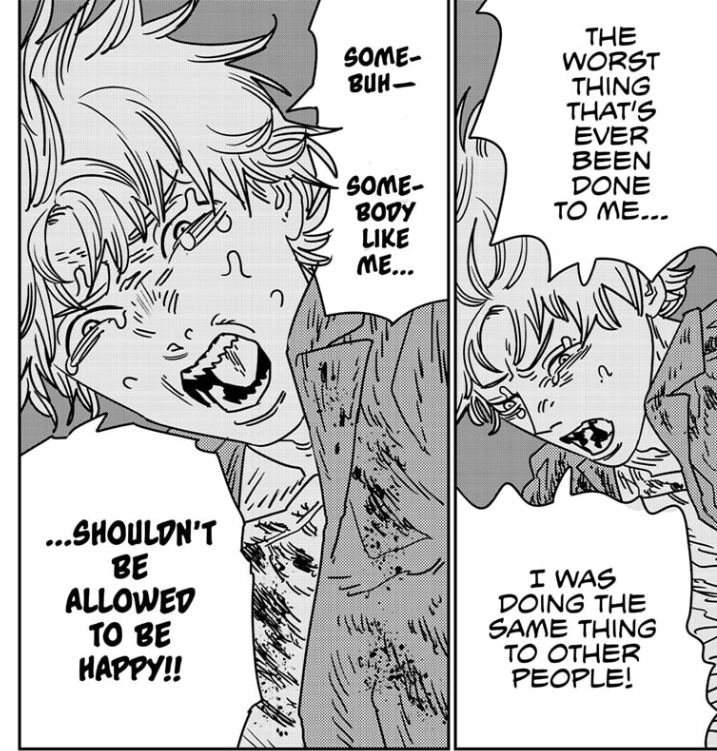 tfwPhoebe's tweet photo. Denji is far from an altruistic hero but he still CARES, the idea that he was taking away people's family and repeating what he did to himself to others broke him because that's what he hates himself for.

Beyond all the attention and love, Denji also wants to be a GOOD person. https://t.co/sQZECy1A3P
