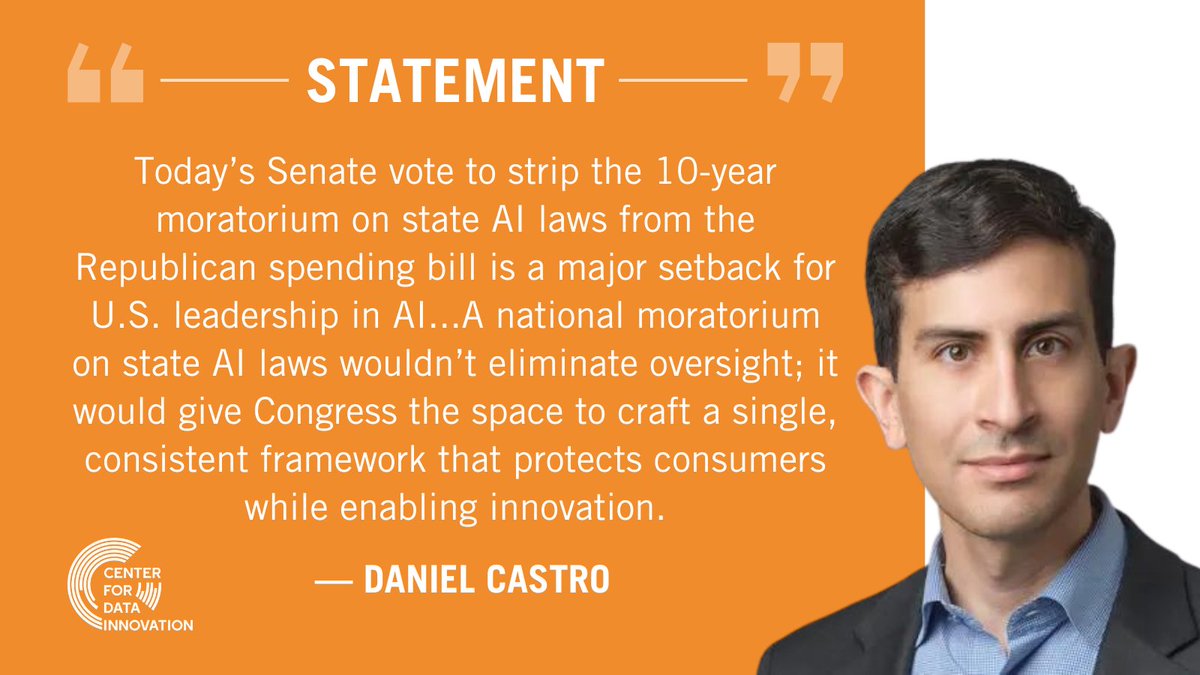 The Senate’s vote to remove the AI moratorium is a huge setback. 

The decision to cut the 10-year pause on state AI laws risks fragmenting the market and slowing U.S. innovation...