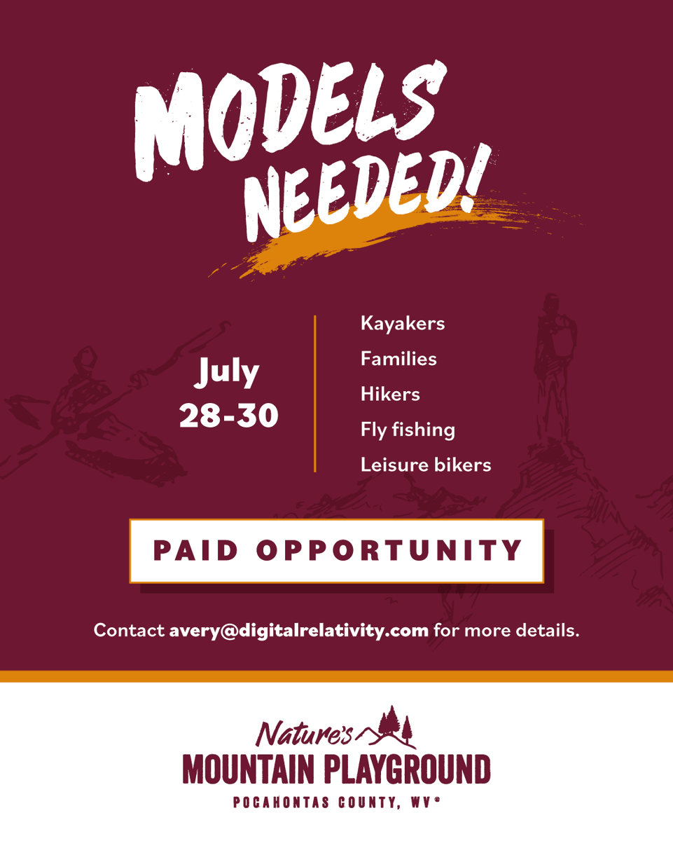 TALENT NEEDED: We're looking for people to participate in a paid shoot in Pocahontas County on July 28-30. 

For more information, reach out to avery@digitalrelativity.com. Please share!