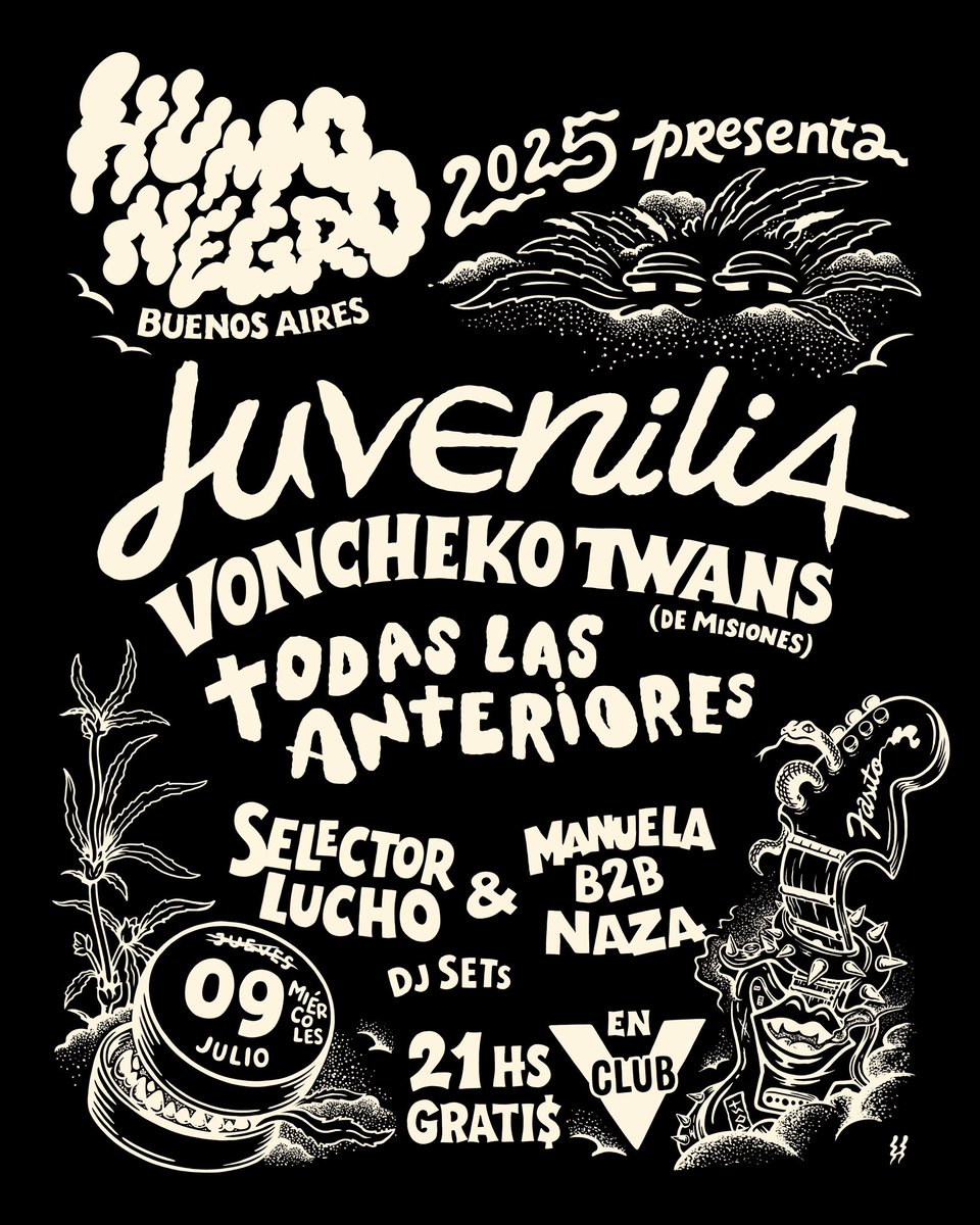 #agendainerme | Se viene una nueva edición del ciclo #humonegro 
En esta ocasión contará con las presentaciones en vivo de <a href="/juvenilia___/">Juvenilia</a> Todas Las Anteriores y Voncheko Twans (Misiones) y los DJs sets de Selector Lucho y Manuela / Naza 

Miércoles 9/7 en Club V 
¡Entrada Gratis!