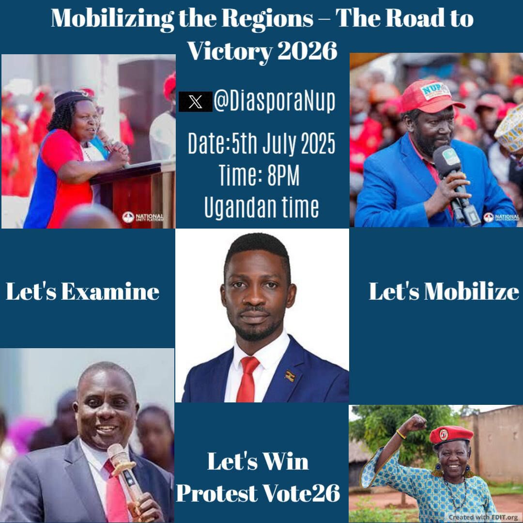 National Unity Platform (@nup_ug) on Twitter photo Please be part of this interaction with our Deputy Presidents H.E. <a href="/JacklynJolly1/">Jacklyn Jolly Tukamushaba</a>, H.E. <a href="/JNambeshe/">John Baptist Nambeshe</a>, H.E. <a href="/MuwangaMKivumbi/">Muwanga Kivumbi Muhammad</a>, and H.E. <a href="/linazed2/">Lina Zedriga Waru</a>, taking place this Saturday 5th July 2025 at 08:00 PM Ugandan time via X (Twitter) spaces. You may attend via the link 👉 Please be part of this interaction with our Deputy Presidents H.E. <a href="/JacklynJolly1/">Jacklyn Jolly Tukamushaba</a>, H.E. <a href="/JNambeshe/">John Baptist Nambeshe</a>, H.E. <a href="/MuwangaMKivumbi/">Muwanga Kivumbi Muhammad</a>, and H.E. <a href="/linazed2/">Lina Zedriga Waru</a>, taking place this Saturday 5th July 2025 at 08:00 PM Ugandan time via X (Twitter) spaces. You may attend via the link 👉