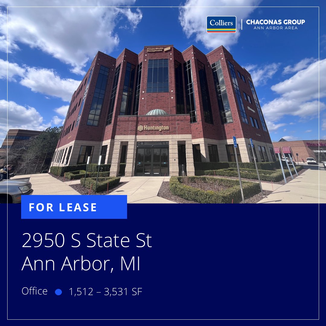 Prime Office Space in the Ann Arbor S State St. Corridor! Position your business along one of Ann Arbor’s best locations This Class A building offers 3 suites ranging from 1,512 SF to 3,531 SF.
🔗 bit.ly/3zcT2zp
📞 Call Colliers Ann Arbor at 734-994-3100 
#ForLease #CRE