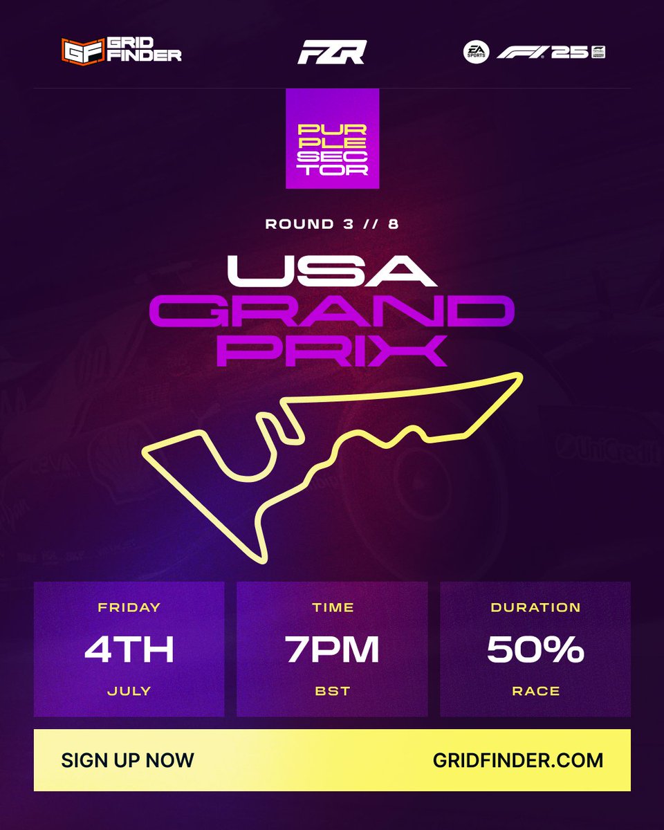 Grid Finder | Sim Racing (@gridfinder) on Twitter photo ๐ฃ Prepare for Round 3 of the Purple Sector championship, where we're heading to Texas for the USA GP! ๐บ๐ธ
Get ready for high speeds and hotter battles at the Circuit of the Americas! ๐ฅ
๐ Join in on the action today on the <a href="/GridFinder/">Grid Finder | Sim Racing</a> Linktree! ๐๏ธ
linktr.ee/gridfinder ๐ฃ Prepare for Round 3 of the Purple Sector championship, where we're heading to Texas for the USA GP! ๐บ๐ธ
Get ready for high speeds and hotter battles at the Circuit of the Americas! ๐ฅ
๐ Join in on the action today on the <a href="/GridFinder/">Grid Finder | Sim Racing</a> Linktree! ๐๏ธ
linktr.ee/gridfinder