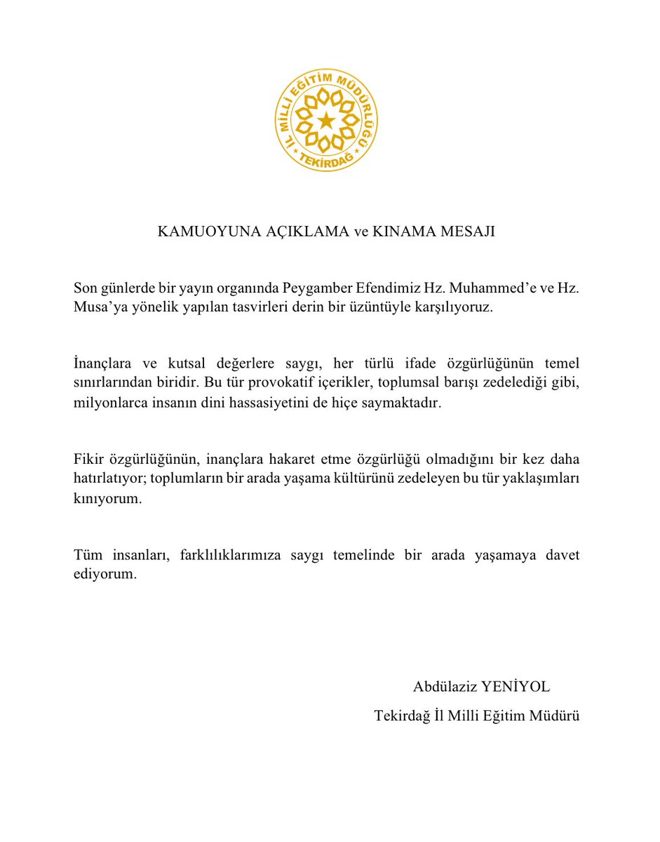 Tekirdağ İl Millî Eğitim Müdürlüğü (@tekirdagmem) on Twitter photo 📢 İl Millî Eğitim Müdürümüz Dr. Abdülaziz Yeniyol’un Kamuoyuna Açıklama ve Kınama Mesajı
<a href="/tcmeb/">Millî Eğitim Bakanlığı</a> <a href="/Yusuf__Tekin/">Yusuf Tekin</a> 📢 İl Millî Eğitim Müdürümüz Dr. Abdülaziz Yeniyol’un Kamuoyuna Açıklama ve Kınama Mesajı
<a href="/tcmeb/">Millî Eğitim Bakanlığı</a> <a href="/Yusuf__Tekin/">Yusuf Tekin</a>