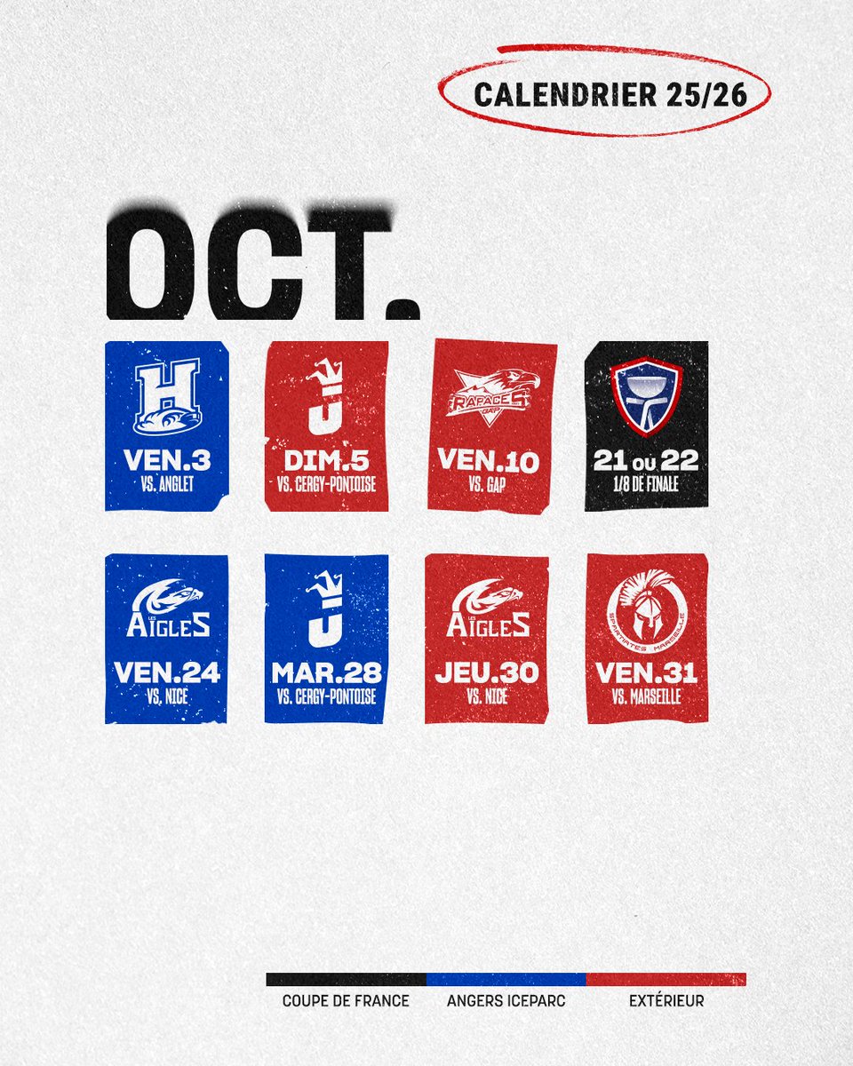 [𝐂𝐀𝐋𝐄𝐍𝐃𝐑𝐈𝐄𝐑 𝟐𝟎𝟐𝟓/𝟐𝟎𝟐𝟔] 🚨

Voici les dates à réserver dans son agenda, pour la saison à venir ! 🏒

Un championnat excitant, une Coupe de France à remettre en jeu … Supporters angevins, on compte sur vous pour cette future saison 👊

➡️ bit.ly/4lseRjS