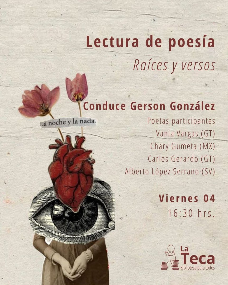 Amistades de/en Ciudad de Guatemala
#RaícesYVersos Este viernes 4 de julio hay lectura poética en #LaTeca con Vania Vargas, Chary Gumeta, Carlos Gerardo, Gerson González y Alberto López Serrano, 4:30 p. m. Zona 1, Ciudad de Guatemala. Entrada gratuita. <a href="/CharyGumeta/">Chary Gumeta</a> <a href="/vania_vargas/">Vania Vargas</a>