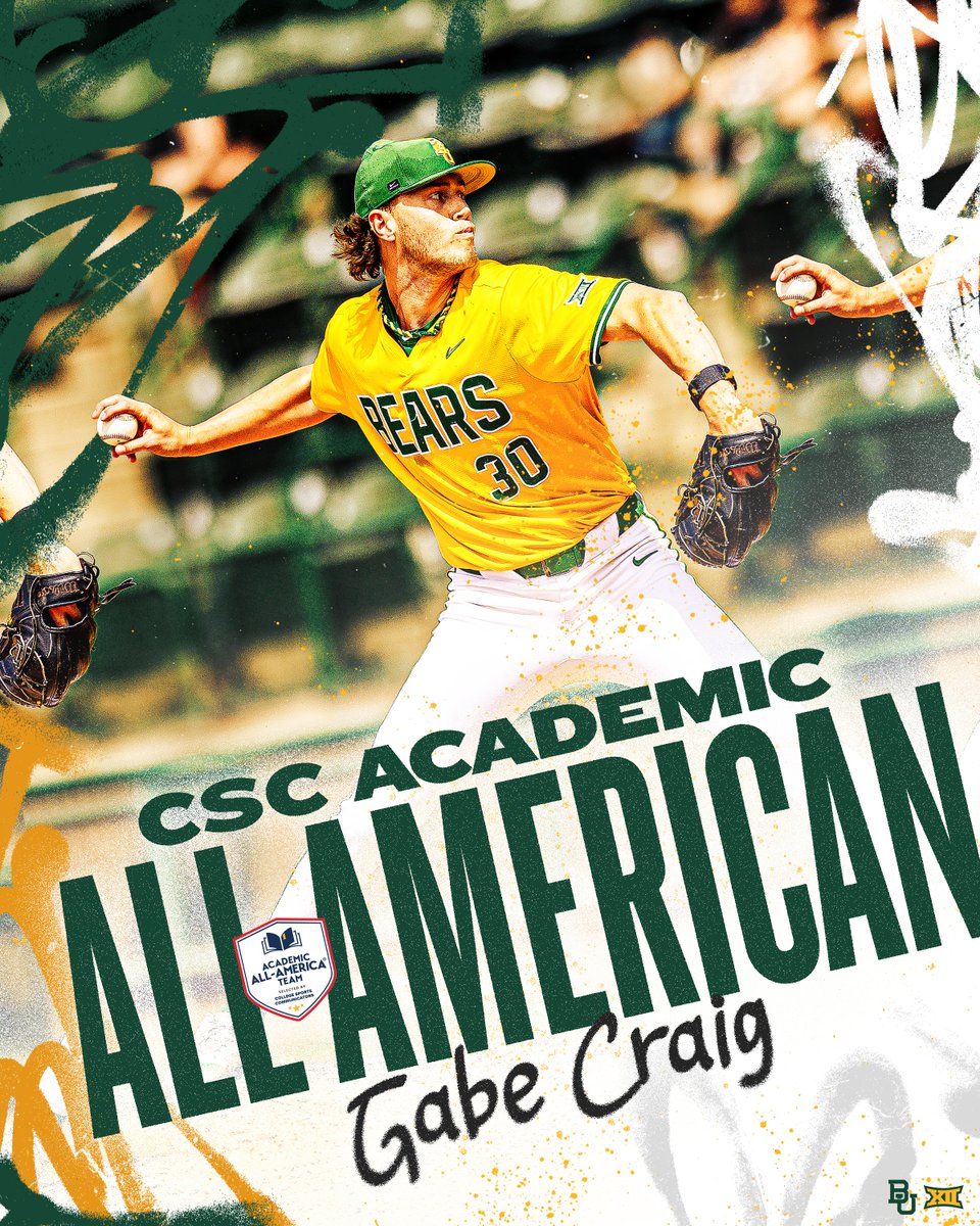 Baylor Baseball (@baylorbaseball) on Twitter photo Getting it done on and off the diamond ✅
<a href="/gabemcraig/">Gabe Craig</a> is our first 𝐀𝐜𝐚𝐝𝐞𝐦𝐢𝐜 𝐀𝐥𝐥-𝐀𝐦𝐞𝐫𝐢𝐜𝐚𝐧 since 2021 and 18th all-time!
📰: baylorbea.rs/4kko395
#SicEm 🐻⚾️ | #Together Getting it done on and off the diamond ✅
<a href="/gabemcraig/">Gabe Craig</a> is our first 𝐀𝐜𝐚𝐝𝐞𝐦𝐢𝐜 𝐀𝐥𝐥-𝐀𝐦𝐞𝐫𝐢𝐜𝐚𝐧 since 2021 and 18th all-time!
📰: baylorbea.rs/4kko395
#SicEm 🐻⚾️ | #Together