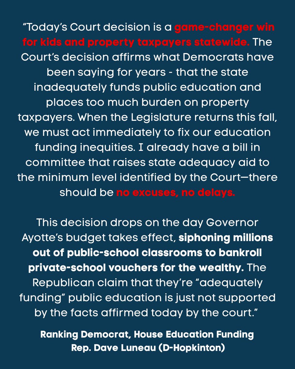 "This decision drops on the day <a href="/KellyAyotte/">Governor Kelly Ayotte</a> budget takes effect, siphoning millions out of public-school classrooms to bankroll private-school vouchers for the wealthy. The <a href="/NHGOP/">New Hampshire Republican Party</a> claim that they’re “adequately funding” public education is just not supported.” #NHPolitics