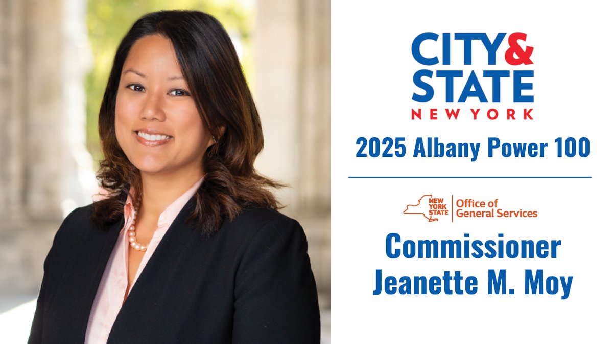 NYS_OGS's tweet image. Congratulations, Commissioner @JeanetteMoy, and all of @GovKathyHochul's cabinet members recognized in @CityAndStateNY's 2025 Albany Power 100.
This year’s list recognizes key players in state politics and government. Read more: on.ny.gov/4ef56Dg