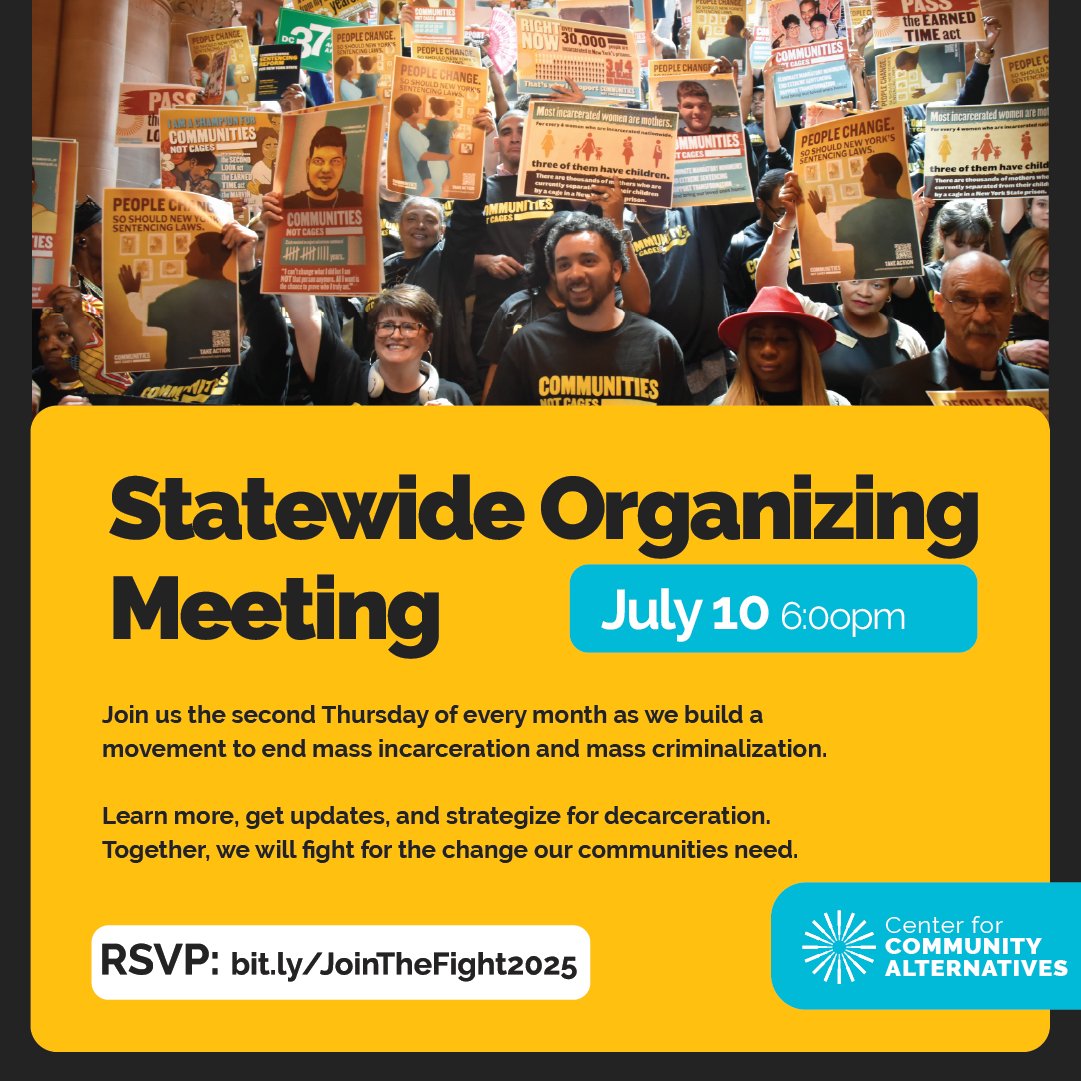 CCA_NY's tweet image. Join us on Thursday, July 10, as we build a movement to end mass incarceration.
Learn more and get updates on Communities Not Cages, No Price on Justice, and the Youth Justice and Opportunities Act.
RSVP bit.ly/JoinTheFight20…