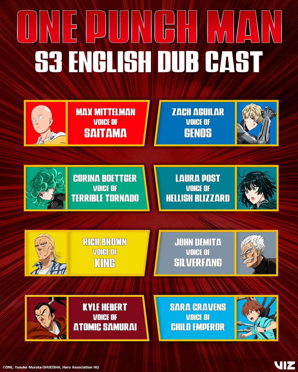VIZMedia's tweet photo. #onepunchman Season 3 role call 👊 https://t.co/G9ECXR3fHg
