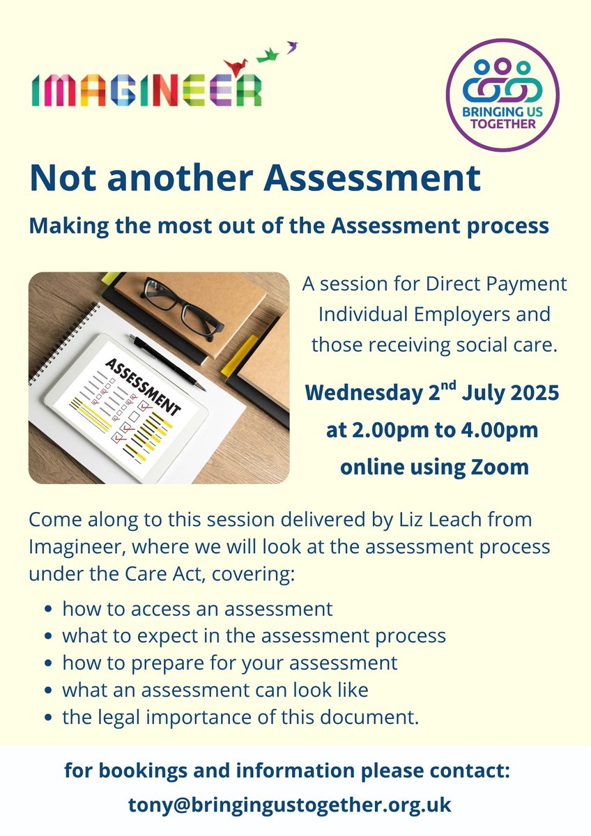 Bringing Us Together (@bustogether) on Twitter photo Making the most of the assessment process is the first step to getting the support package right for our loved ones.
Join us for this helpful and informative session.
contact tony@bringingustogether.org.uk Making the most of the assessment process is the first step to getting the support package right for our loved ones.
Join us for this helpful and informative session.
contact tony@bringingustogether.org.uk