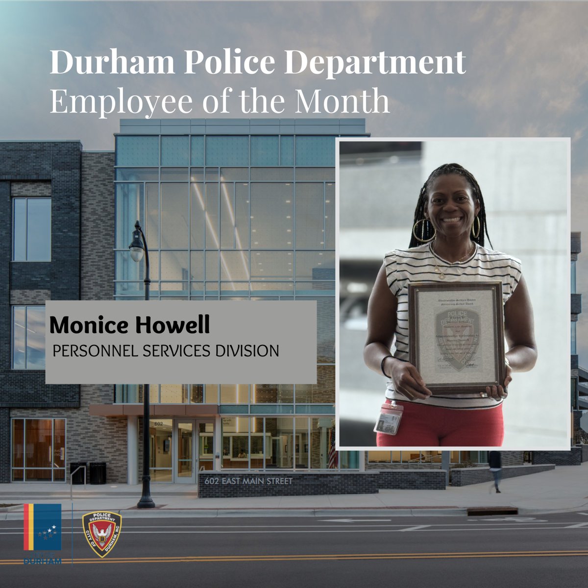 🎉Congrats to Monice Howell, Personnel Services Employee of the Month! She improved our interview process and played a key role in the DPD Internship Program—helping build the future of law enforcement. Thank you for your hard work and dedication! #DurhamPD