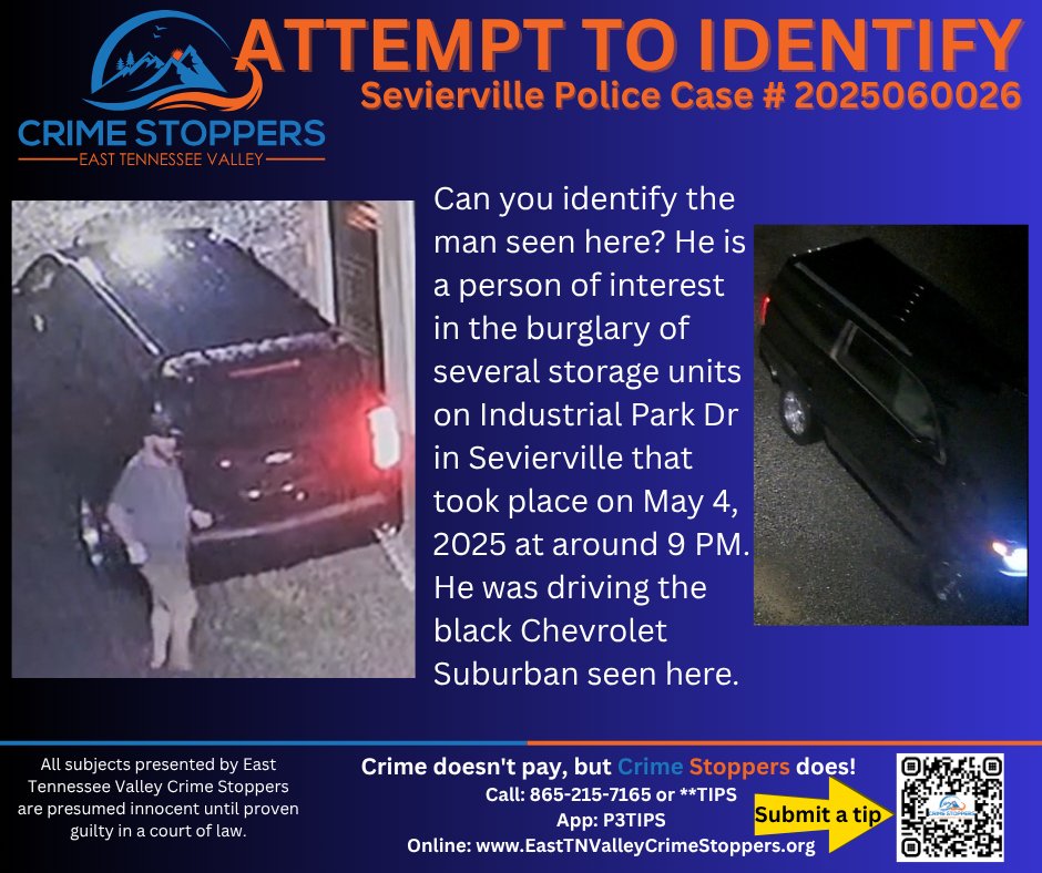 RECOGNIZE HIM? <a href="/SeviervillePD/">Sevierville, TN P.D.</a> need your help identifying this man in connection with multiple storage unit burglaries. Stay ANONYMOUS and submit a tip to East TN Valley Crime Stoppers for a cash reward if your info leads to an arrest! #easttnvalleycrimestoppers #CrimeStoppers
