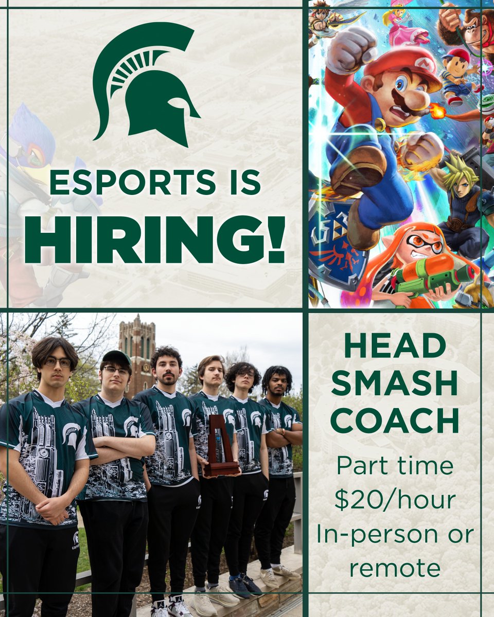 Michigan State Esports is hiring!
  
We are seeking a Head Coach to lead our Smash roster! 

⚪️ Part-Time role (15-20 hours weekly) 
🟢 $20/hour 
🖥️ In-Person or remote candidates will be considered

Apply Below ⬇️