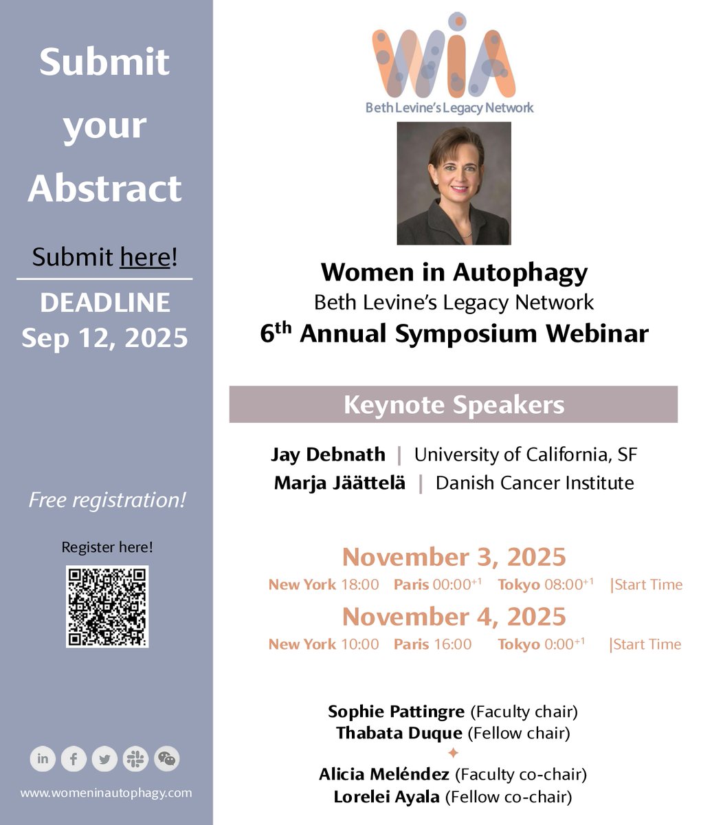 WAutophagy's tweet image. 🌟 Save the Date! 📅 November 3-4, 2025 – The 6th Annual Symposium Webinar is coming soon! 🎉
🚀 Registration is OPEN!
Don’t miss out – sign up for FREE while you can!
🔔 Submit your abstract by September 12th to be part of the event! 📢.
🙌 We can’t wait to see you there!