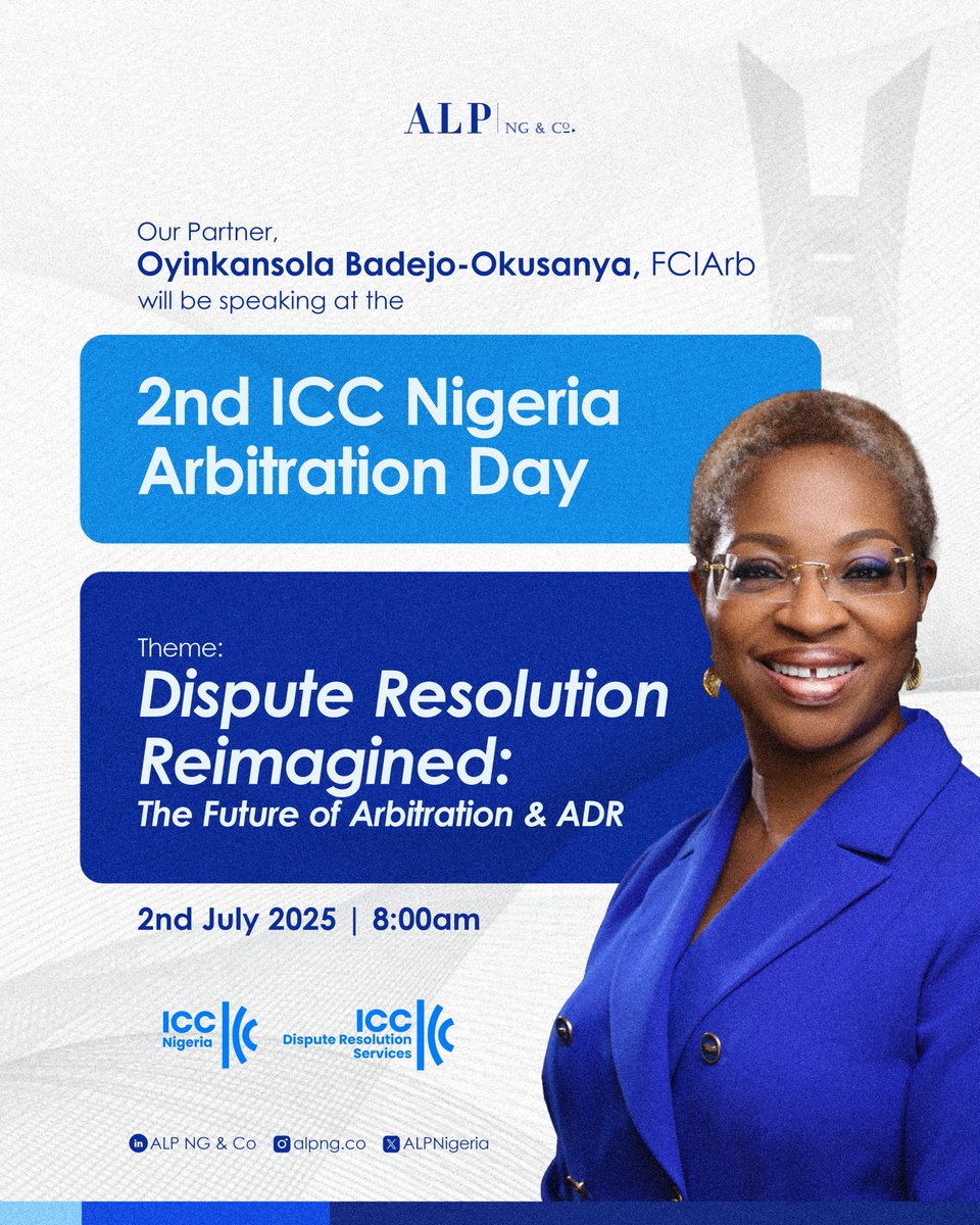 Our Partner, Oyinkansola Badejo-Okusanya, FCIArb (<a href="/MrsBBold/">Oyinkansola Badejo-Okusanya</a>), will be speaking tomorrow at the 2nd International Chamber of Commerce (<a href="/ICC_Nigeria/">ICC Nigeria</a>) Arbitration Day.

If you are attending, be sure to catch up with her and our team at the event!

#ALPNG #ICCN #ArbitrationDay #ADR