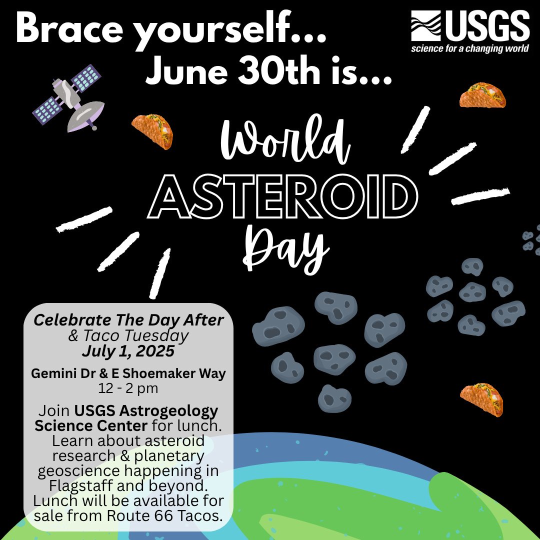 USGS_AstroGeo's tweet image. We survived Asteroid Day!
Flagstaffians celebrate "The Day After" today on the Flagstaff Science Campus at 2255 N Gemini Dr! We'll have demonstrations, posters, and researchers available from 12 - 2 pm to talk about asteroid impacts!
#AsteroidDay #AsteroidImpacts #IYAPD