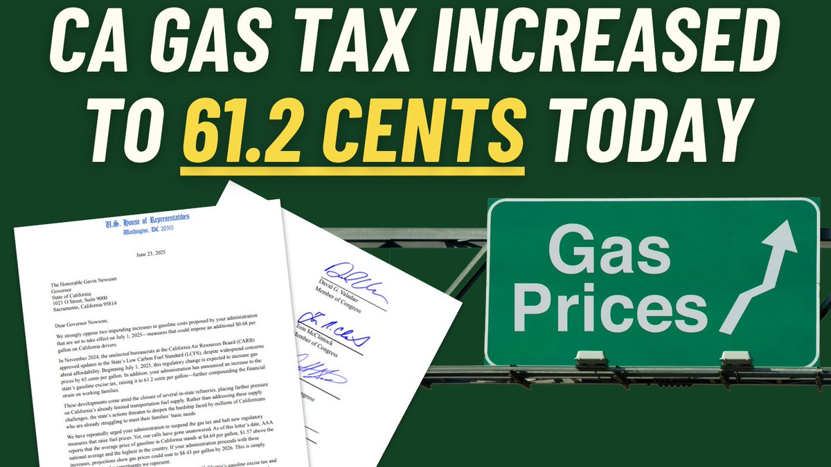 RepDavidValadao's tweet image. Last month, I sent a letter to Governor Newsom—which went unanswered—urging him and the Democratic supermajority in Sacramento to suspend the gas tax increase and stop the price hikes. Today, Californians can expect to pay an extra 61.2 cents at the pump.
valadao.house.gov/uploadedfiles/…