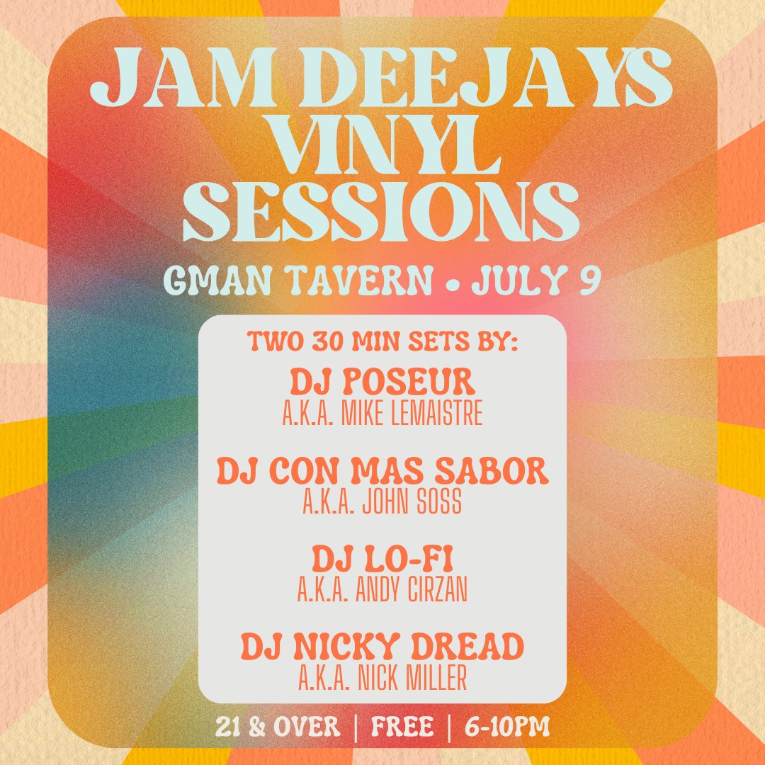 Just Announced: Jam Deejays Vinyl Sessions 🎶
Next Wed, July 9 | 6–10PM at <a href="/GmanTavern/">Gman Tavern</a> 
All-analog DJ sets from four Jam Productions vets spinning rock, soul, and jazz to country, R&amp;B, new wave &amp; beyond! Free | 21+ | bit.ly/jamsessions-07…