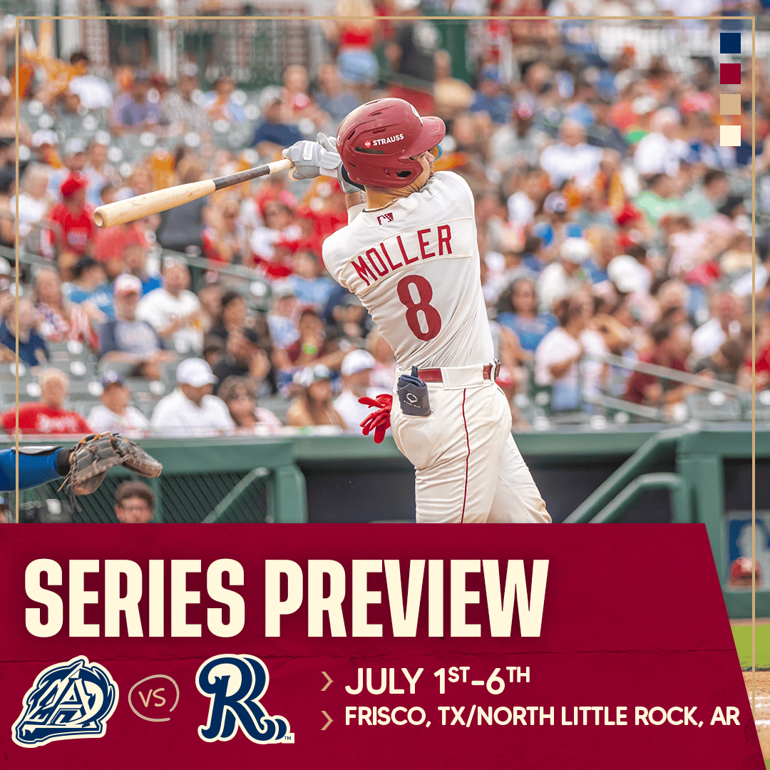 Baseball + July = the perfect combo! Let's get this series started.

🌟 C Ian Moller ranks fourth in the Texas League with a .455 average last week and is batting .382 (13-for-34) over his last 10 games.
🗓️ July 1st-3rd in Frisco, TX 
🚍 July 4th-6th in North Little Rock, AR