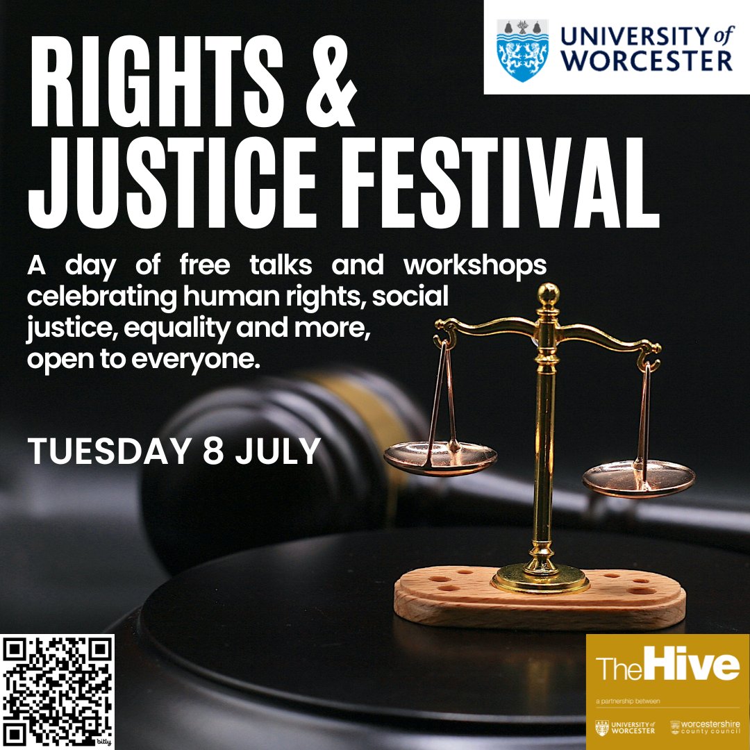 TheHiveWorcs's tweet image. Know your rights? What is justice?
Hosted by experts in their fields the @worcester_uni Rights and Justice Festival is for everyone, even if you're just curious to learn more.
Find out more about the sessions and book your free tickets here: bit.ly/4kIDGYM