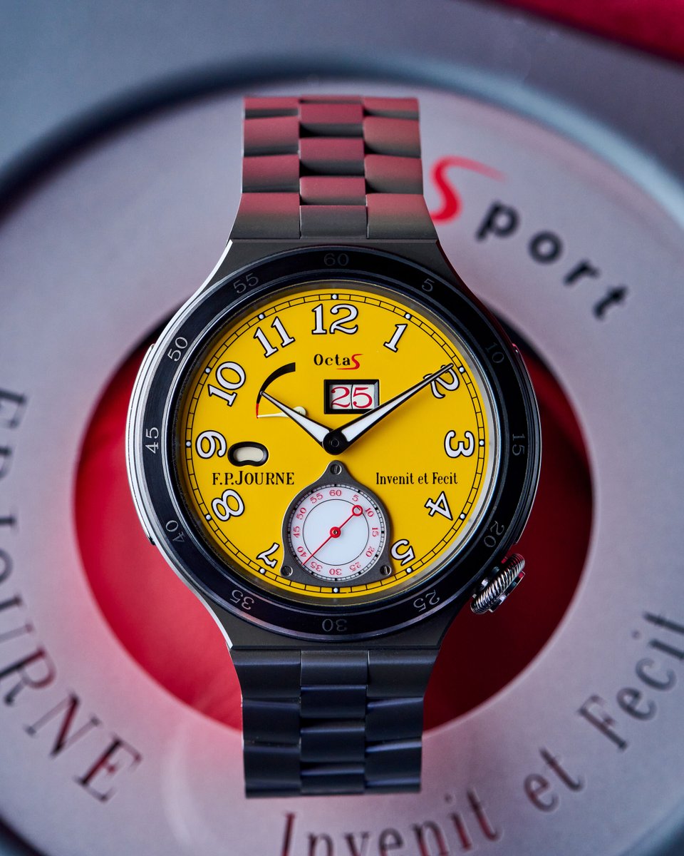 EuropeanWatchCo's tweet image. ⚡️ Ultra-light, unmistakable, and unapologetically bold. 🟡 

This is the F.P. Journe Octa Sport ARS. Crafted in titanium, powered by a 120-hour automatic movement, and dressed in a dial that demands attention. 💛

Part of the LineSport collection, it blends Journe’s signature…