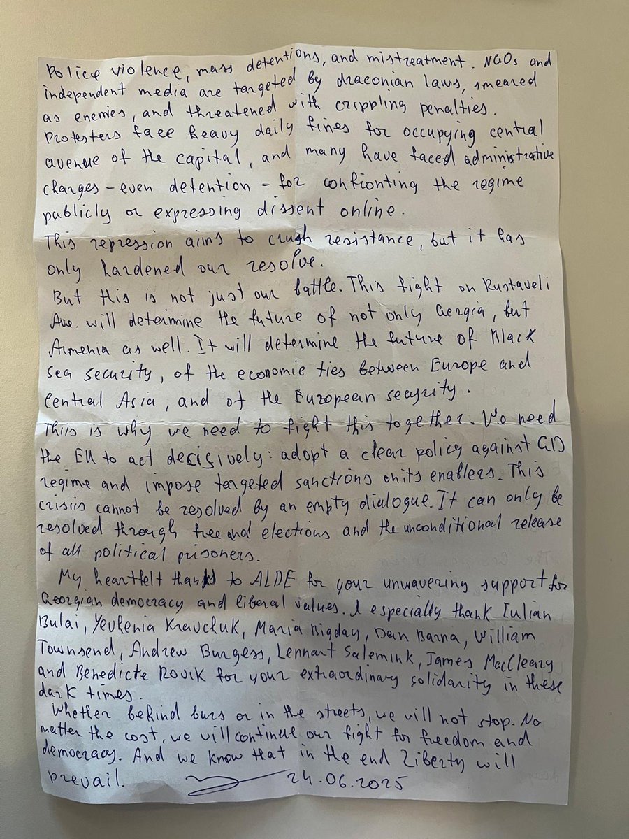 JamesMacCleary's tweet image. It’s deeply humbling to be mentioned by Zurab Japaridze in his powerful letter from prison. 

Ivanishvili and his corrupt government must face immediate UK sanctions. 

Zurab and every Georgian political prisoner deserve freedom and justice – now.