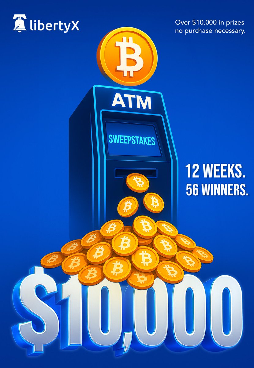 🚨 LibertyX Sweepstakes 🚨 12 weeks. 56 winners. Over $10,000 in bitcoin prizes! Buy or sell at any LibertyX ATM &amp; you’re entered. Stack sats now ➡️ libertyx.com/sweepstakes