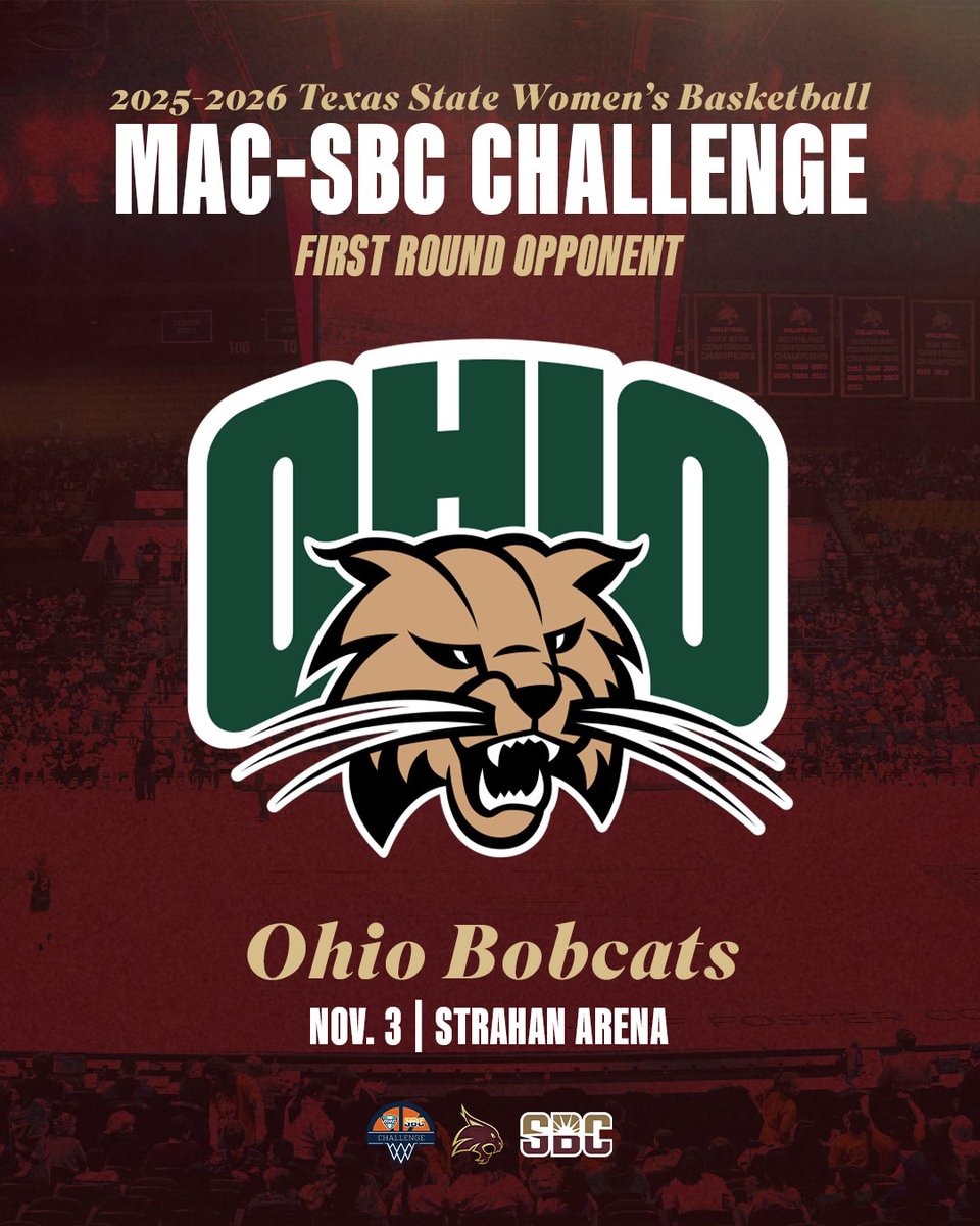Texas State WBB (@txstatewbb) on Twitter photo Opening our season against the Bobcats 😼
Our first round opponent for the 2025-26 MAC-SBC Challenge is <a href="/OhioWBasketball/">Ohio Women’s Basketball</a>! Opening our season against the Bobcats 😼
Our first round opponent for the 2025-26 MAC-SBC Challenge is <a href="/OhioWBasketball/">Ohio Women’s Basketball</a>!