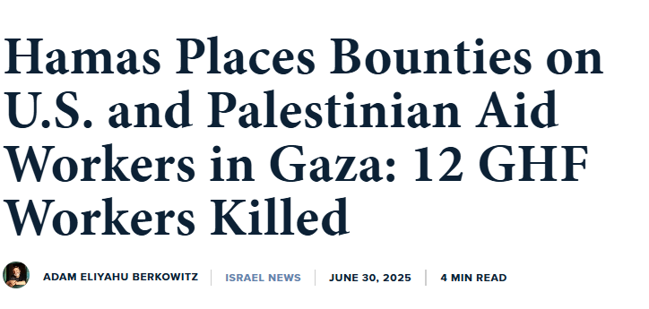 3 days ago Hamas offers bounties to kill US aid workers.

Yesterday, Hamas killed 12 US and Palestinian aid workers in Gaza.