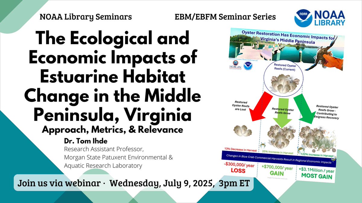 NOAALibrary's tweet image. Be sure to register for next week's EFM/EBFM Seminar, The Ecological and Economic Impacts of Estuarine Habitat Change in the Middle Peninsula, Virginia: Approach, Metrics, & Relevance happening July 9 at 3 PM ET.
More info & Register: library.noaa.gov/seminars/upcom…