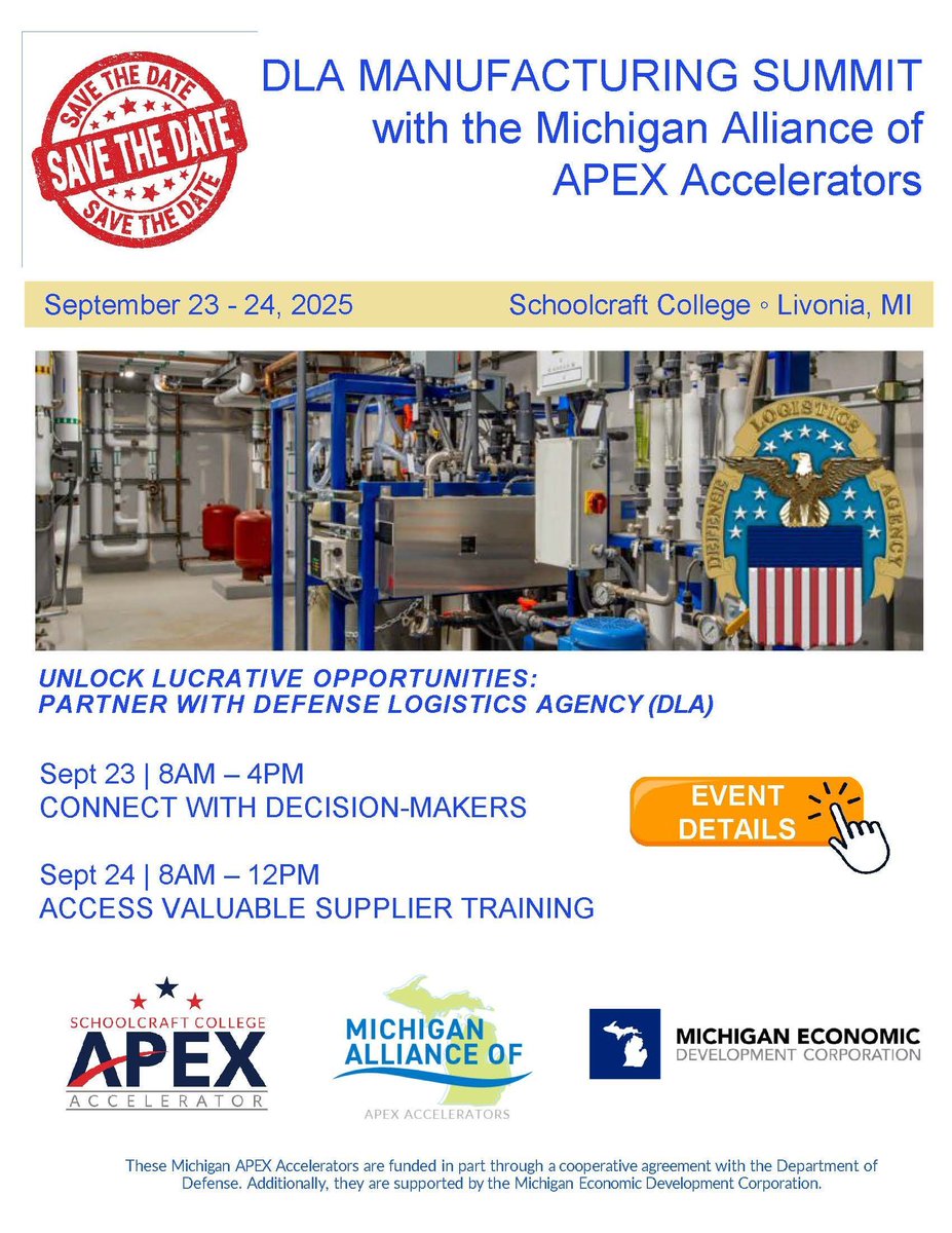 SC_APEX_Accel's tweet image. Registration is now OPEN for the Michigan Alliance of APEX Accelerators&apos; Defense Logistics Agency Manufacturing Summit! 🚀

👉 Please note: This event is not designed for service companies.
🔗 Register today and secure your spot: lnkd.in/g2eUQBp5

#DLA #APEXAccelerators