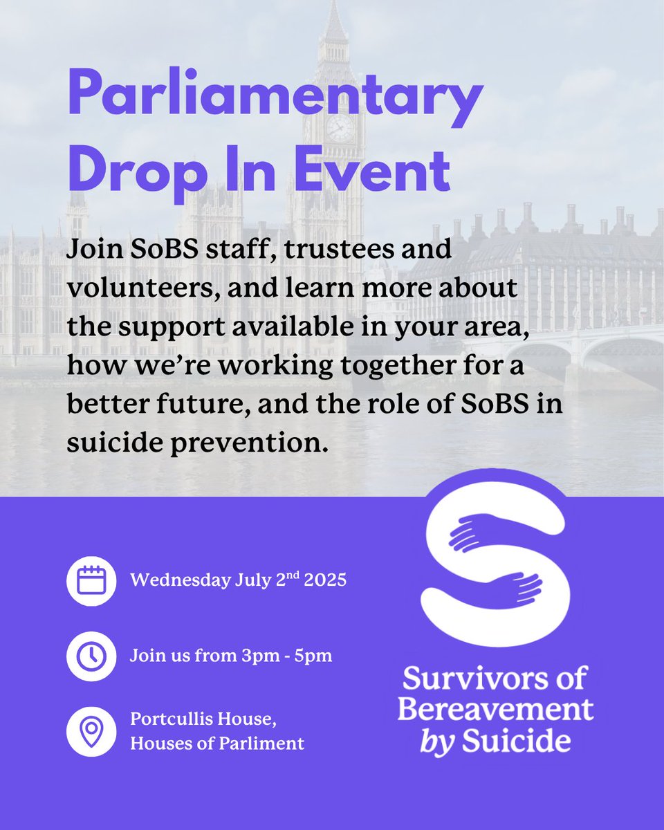 SOBScharity's tweet photo. Every week, around 16,000 people are impacted by grief and loss.

Join us to learn more about the support available for those impacted by suicide. 

@cabinetofficeuk 

#SuicidePrevention #PostventionSupport #SoBS #MPDropIn #MeetYourMP https://t.co/w9WtBZMfo7